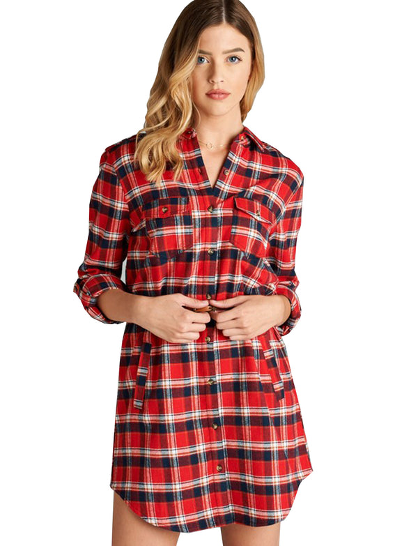 LONG SLEEVE FLANNEL CHECK PLAID SHIRTS DRESS WITH BELT - NE PEOPLE